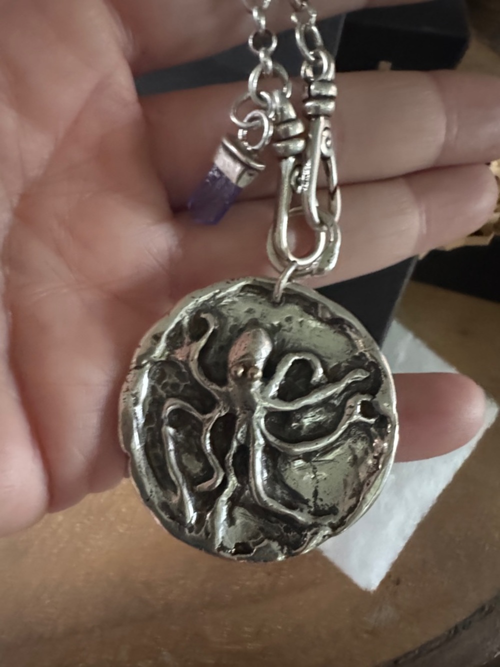 Sterling Silver Octopus Pendant with Tanzanite Charm and 18k Eyes